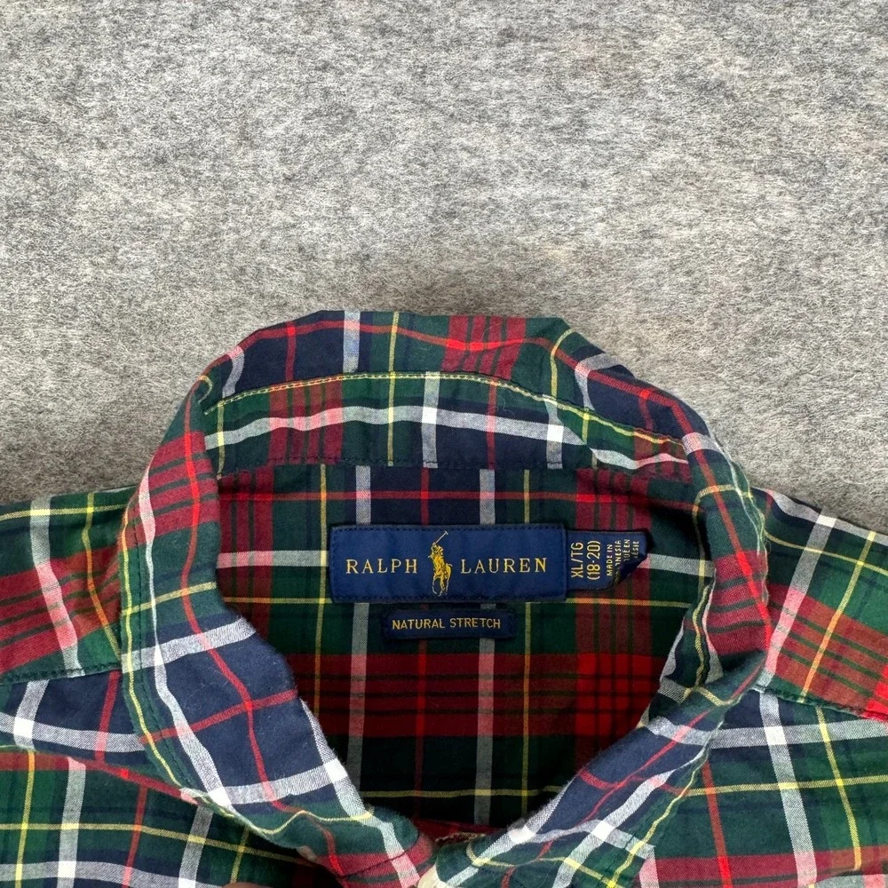 Ralph Lauren Button Down Shirt Long Sleeve Natural Stretch Plaid Boys XL 18/20